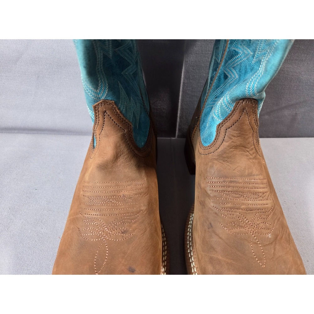 Justin Cowboy Boots Mens 11.5D Brown Blue Big Bucks Wide Square Toe Vibram Sole - Picture 9 of 15